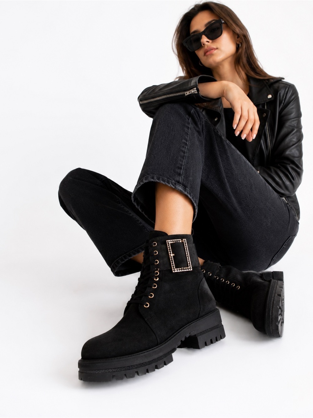 Loriblu | Black Ankle Combat Boots With Gold Buckle Detail Size 41 Made In Italy
